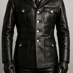 Peut inclure: Veste en cuir noir avec quatre poches avant et des boutons argentés. La veste a une coupe ajustée et est associée à des gants et un pantalon en cuir noir assortis. Une chemise blanche à col et une cravate noire sont visibles.