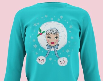 Vintage Pinup Peppermint Doll Holiday Kitschmas Arctic Turquoise Blue Christmas Sweatshirt Pullover
