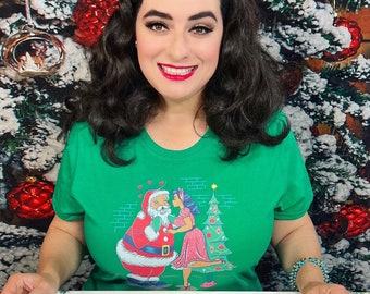 Mommy Kissing Santa Claus Vintage Christmas Pinup Rockabilly T-Shirt