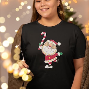 Vintage Holt Howard Starry Eyed Santa with Candy Cane Christmas Women&#39;s Black T-Shirt Mid-Century Rockabilly Pinup