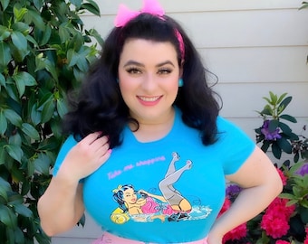 1950s Pinup Girl Style Shopping T shirt Blue Pink / Pinup / Vintage / Rockabilly / Midcentury / Top /