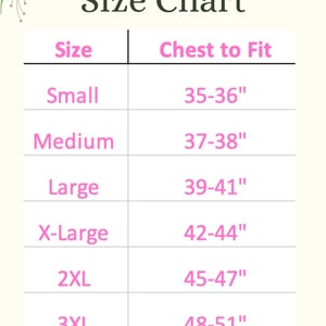 May include: Size chart for clothing with measurements in inches. The chart shows sizes from Small to 4XL and corresponding chest measurements.
