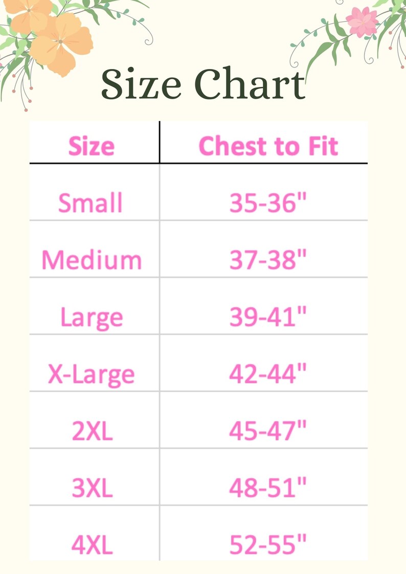 May include: Size chart for clothing with measurements in inches. The chart shows sizes from Small to 4XL and corresponding chest measurements.