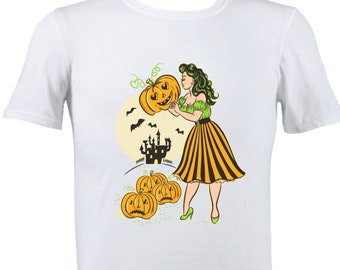 Vintage Style Halloween Witch Pinup T-shirt Retro Rockabilly Pumpkin Trick or Treat 1950s Clothing