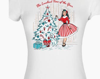 Vintage Christmas Pinup Girl Decorating Tree HolidayRockabilly T-Shirt Retro Pin-up Rockabilly