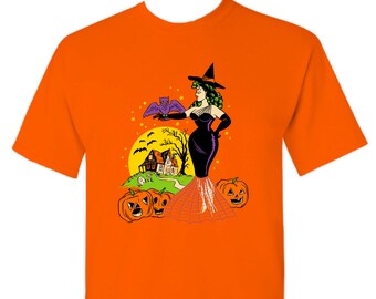 Vintage Pinup HalloweenStyle  Rockabilly Pinup Girl Witch Orange T-Shirt Unisex Men Women