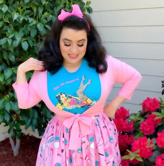 1950s Pinup Girl Style Shopping T shirt Blue Pink / Pinup / Vintage / Rockabilly / Midcentury / Top /