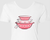 Vintage Valentine Pink Pyrex Mid-Century Modern Inspired Retro Ladies White T-Shirt 1950s Pinup Rockabilly