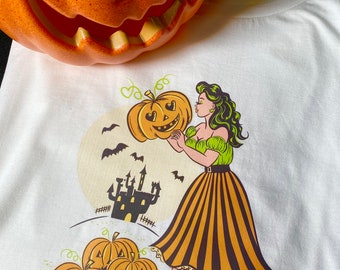 Vintage Halloween Pumpkin Princess Retro Pinup Rockabilly T-shirt Trick or Treat Goth