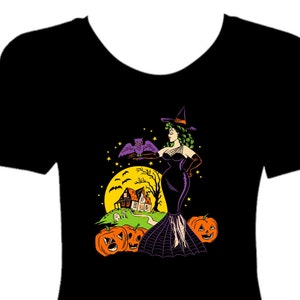 May include: A black t-shirt with a vintage illustration of a witch with an owl, a house, and pumpkins. The witch is wearing a purple dress and a black hat. The background is a yellow moon with stars.