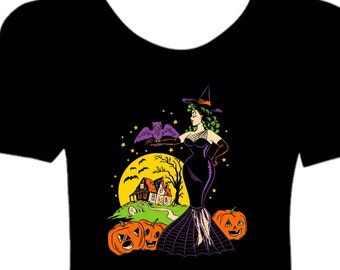 Vintage Style Ladies Halloween Rockabilly Pinup Witch Black T-Shirt