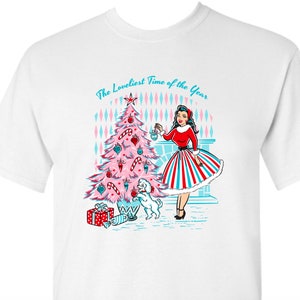 Pinup Girl Rocking Around the Pink Vintage Christmas Tree Holiday Rockabilly T-Shirt 1950s Retro