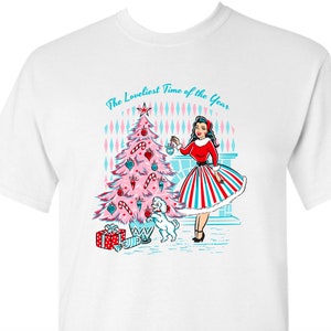 Pink Retro Christmas T-Shirts for Women Pink Christmas Matching Family Sweaters Pink Vintage Holiday Group Party
