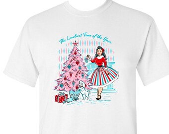 Pinup Girl Rocking Around the Pink Vintage Christmas Tree Holiday Rockabilly T-Shirt 1950s Retro