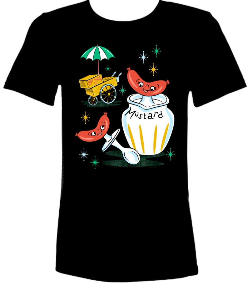 May include: A black t-shirt with a retro-style illustration of a hot dog cart, a mustard jar, and two smiling hot dogs. The mustard jar has the word "Mustard" written on it. The hot dog cart has a sign that says "Hot Dogs".