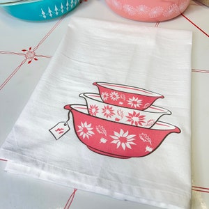 2 Towel Set Vintage Pink Flannel Flowers Pyrex Stack and Dotted Diamonds Agee Pyrex Kitchen Towels image 2