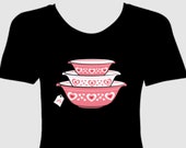 Vintage Valentine Pink Pyrex Mid-Century Modern Inspired Retro Ladies Black T-Shirt 1950s Pinup Rockabilly