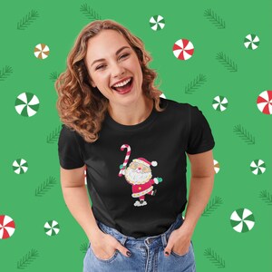 Vintage Holt Howard Starry Eyed Santa with Candy Cane Christmas Women&#39;s Black T-Shirt Mid-Century Rockabilly Pinup