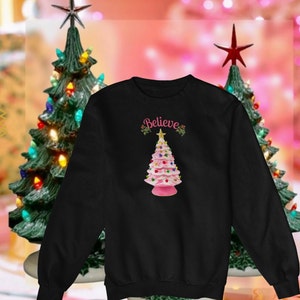 Vintage Pink Ceramic Christmas Tree Believe Crewneck Sweatshirt Sweater