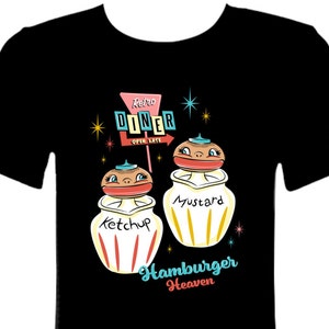 May include: Black t-shirt with a retro diner sign, ketchup and mustard bottles with cartoon faces, and the text "Hamburger Heaven".