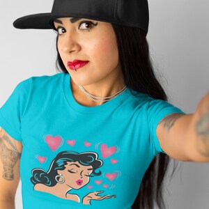 Pinup Valentine Bombshell Hearts and Kisses Ladies Turquoise Blue T shirt / Viva / Vintage / Rockabilly / Midcentury / Top / Pink
