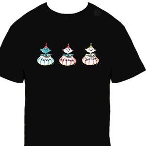 May include: Black t-shirt with a graphic of three cartoon jars with faces. The jars are labeled "Relish", "Ketchup", and "Jam 'n Jelly".