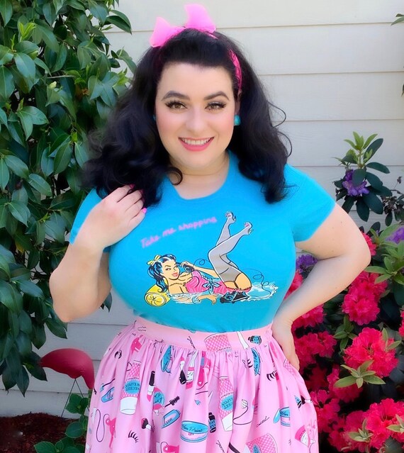 1950s Pinup Girl Style Shopping T shirt Blue Pink / Pinup / Vintage / Rockabilly / Midcentury / Top /