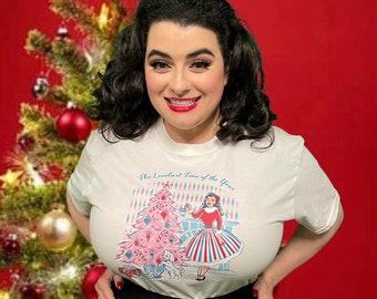 Rockabilly Rocking Around the Pink Christmas Tree Holiday Pinup T-Shirt 1950s Retro