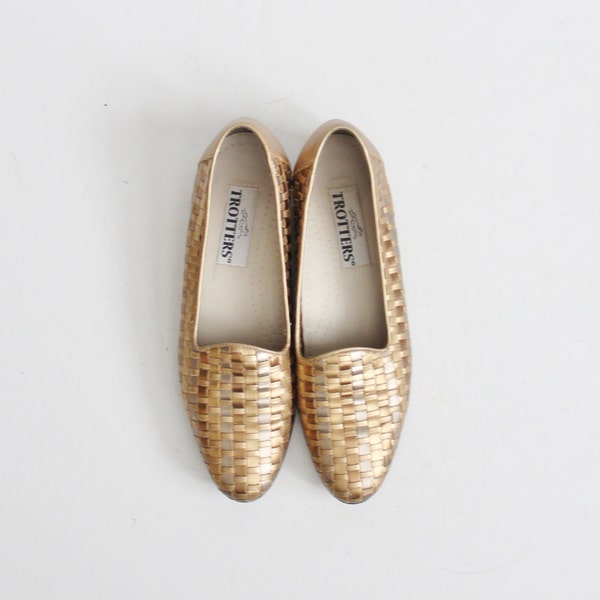 Vintage 80s GOLD Metallic Silver Trotters Woven Loafers - Women 9 Narrow