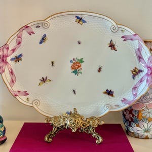 Vintage Herend Hungary Handpainted Porcelain Tray – Butterfly Pattern – Ribbon Handles