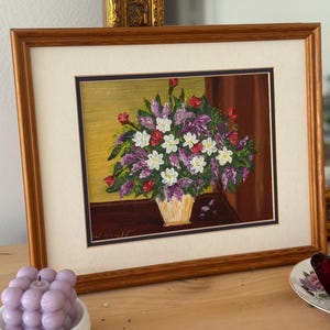 Vintage 1980 Floral Still Life Oil Painting on Board – Signed W-lqlt – Framed Original Artwork