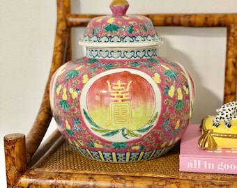 Antyczny chiński słoik na imbir z różową różą i pokrywką, porcelanowy słoik w stylu chinoiserie z motywem różowej brzoskwini
