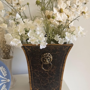 Vintage Hand-Painted Tole Metal Vase with Lion Handles, Floral & Bird Motif