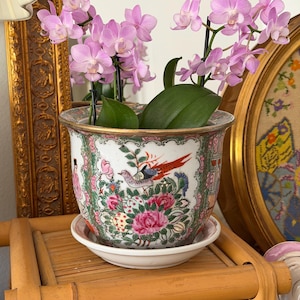 Vintage Rose Medallion Style Porcelain Planter, Famille Rose Floral Bird Cachepot, Chinoiserie Decor, 6.5 Inch