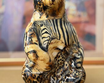 Vintage Decoupage Grizzly Bear Coin Bank - 8" Collectible Decor