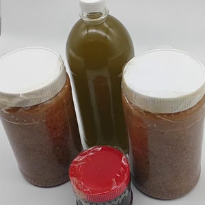May include: An assortment of food items, including a large olive-green liquid-filled bottle with a white cap, two jars with white lids, and a small jar with a red lid. The jars contain a brown substance.