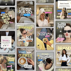 May include: A collection of digital social media templates featuring various lifestyle and business themes with text overlays such as 5 post ideas for creators, strategy, monthly content plan, and brand growth, presented in a grid layout.