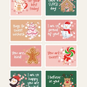 Puede incluir: Una colección de ocho tarjetas de felicitación festivas con varias ilustraciones temáticas de vacaciones. Las tarjetas presentan imágenes de un hombre de jengibre, un muñeco de nieve, un reno y otros elementos navideños, con mensajes positivos.