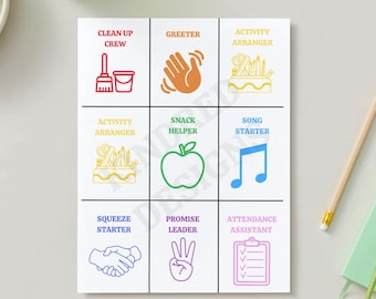 May include: A white, grid-style chart with nine squares, each featuring a different role with a corresponding icon and text. Roles include "Clean Up Crew," "Greeter," and "Activity Arranger." The icons are in various colors.