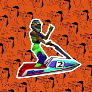 May include: A digital illustration of a person riding a jet ski. The jet ski is white, red, and blue with the number 2 on the side. The person is wearing a helmet and colorful clothing. The background is orange with a repeating cartoon dog holding a sign.