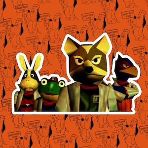 May include: A sticker featuring a group of four cartoon characters, including a fox, a rabbit, and a bird, with a white border. The background is orange with a repeating pattern of a cartoon dog holding a sign that says "DROOPY DREW DESIGN."