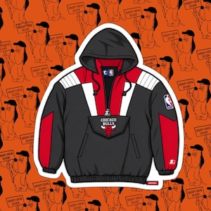 May include: A black, red, and white Chicago Bulls pullover hoodie featuring a front zipper, a large center pocket with the team logo, and a Starter brand logo on the sleeve. The jacket has a hood with drawstrings and long sleeves with elastic cuffs.