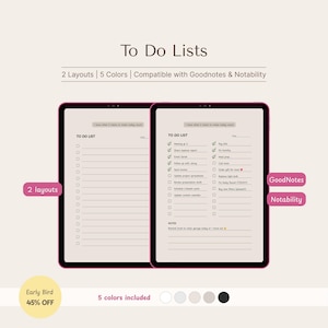 Peut inclure: Deux modèles numériques de listes de tâches sur tablettes, avec une bordure rose. Le texte indique "To Do Lists", "2 Layouts | 5 Colors | Compatible avec Goodnotes & Notability". Les modèles incluent des cases à cocher et un espace pour les notes.