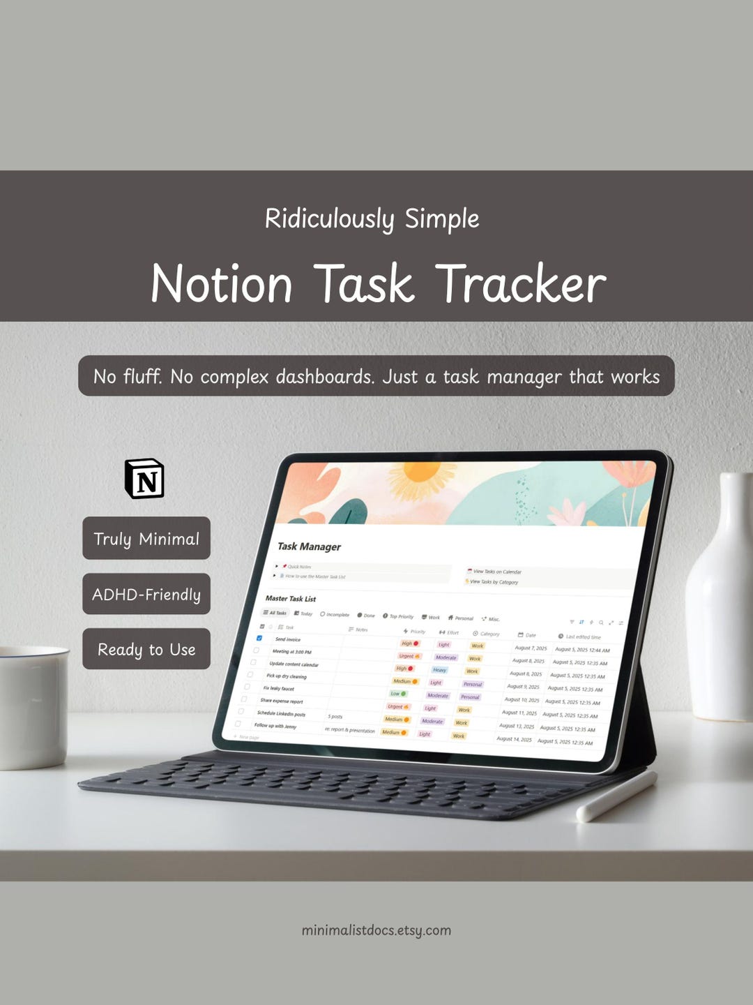 Notion Task Tracker: 2026 Notion to Do List and ADHD Planner (digital ...