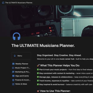 May include: A dark website with the text "The ULTIMATE Musicians Planner." and a list of features including "Weekly Planner", "Music Project Tracker", "Marketing & Promotion", "Gigs and Events", "Finance & Income", and "Notes & Ideas".