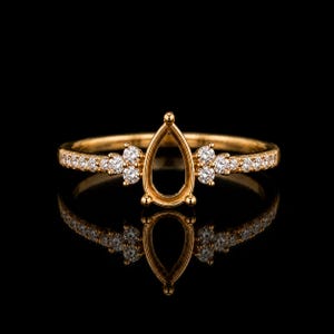 Pear Shape Semi Mount Ring, Gold Engagement Ring Setting, Round Zircon Accent Ring, Vintage Style Pear Solitaire Mount, Bridal Ring Setting