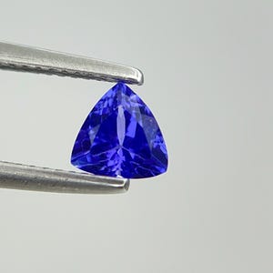 Puede incluir: Una gema triangular, facetada, de color azul oscuro es sostenida por unas pinzas plateadas. La gema tiene un corte brillante, que refleja la luz. El fondo es de color gris claro liso.