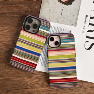 May include: Two colorful phone cases with a striped pattern in various colors, including red, blue, green, and yellow. The cases are lying on a wooden surface next to a magazine with the text "March 8-12, 2020".