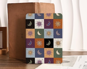 Checkerboard Sun & Moon Kindle Paperwhite Case, Kindle 2024 Colorsoft with Hand Strap, Paperwhite 11th 12th Gen, Kindle Clear Back Cover