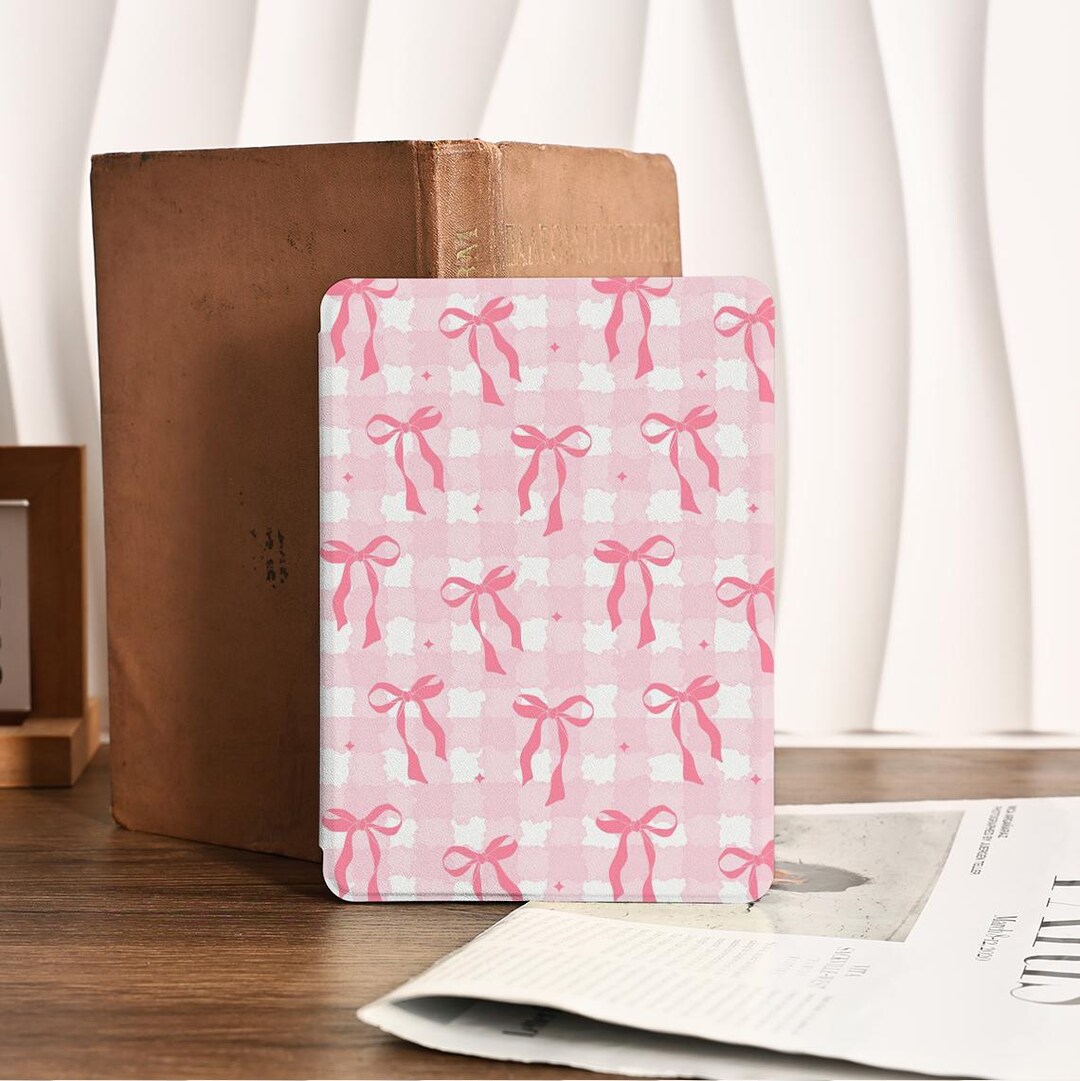 Pink Bow Checker Kindle Case With Strap, Custom Kindle Case Paperwhite ...